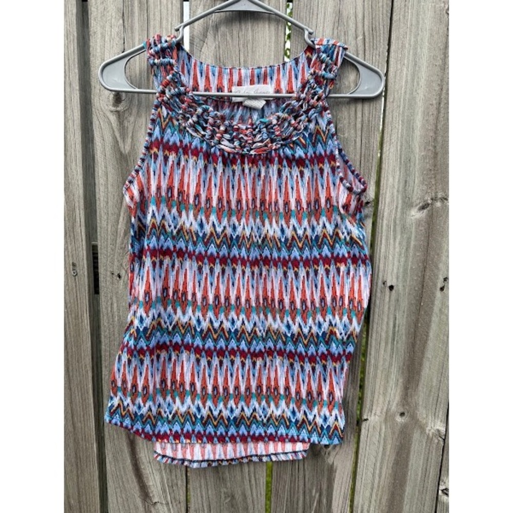 Fashion Avenue Womens Small Ikat Chevron Sleeveless Top Blue Orange Braided Neck
